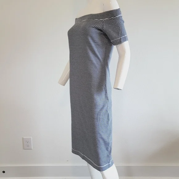 H&M Striped Off The Shoulder Bodycon Knee Length Dress Navy Blue White Sz M - Picture 4 of 8